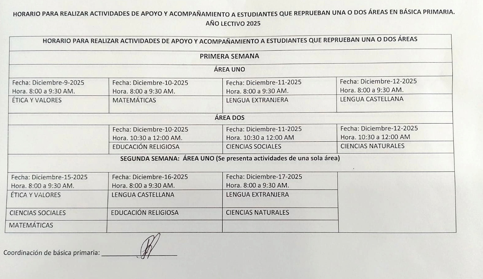 horario primaria
