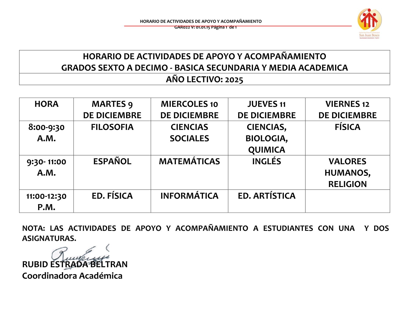 horario recuperacion